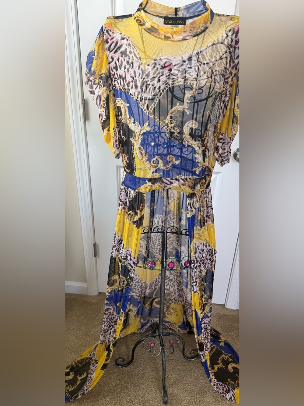 Yellow & Blue Printed Mesh Women’s high-low Top